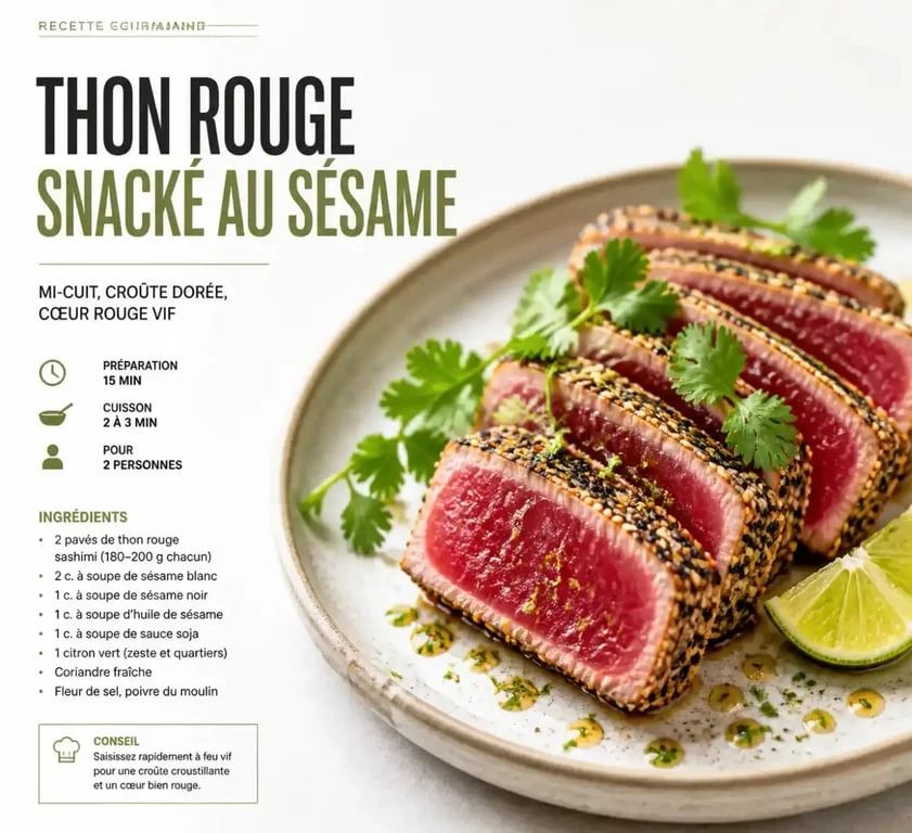 Recette de thon rouge mi-cuit snacké au sésame dressé sur une assiette