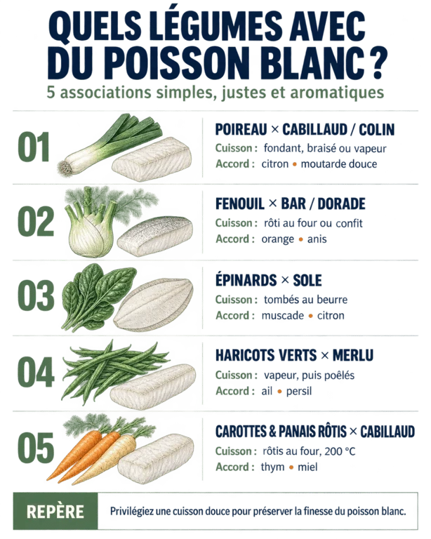 Quels légumes avec du poisson blanc : infographie des meilleures associations de légumes, cuissons et herbes