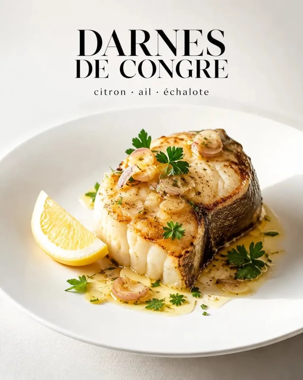 Congre poisson recette : darne poêlée au citron, ail et échalote, servie en assiette dressée avec persil frais