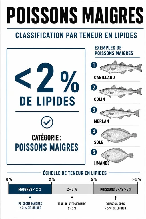 Liste des poisson maigre avec seuil de lipides et exemples comparés aux poissons gras