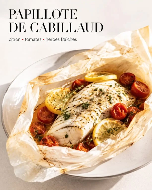 Cuisson poisson papillote au four, papillote ouverte avec cabillaud, citron, tomates et herbes sur assiette