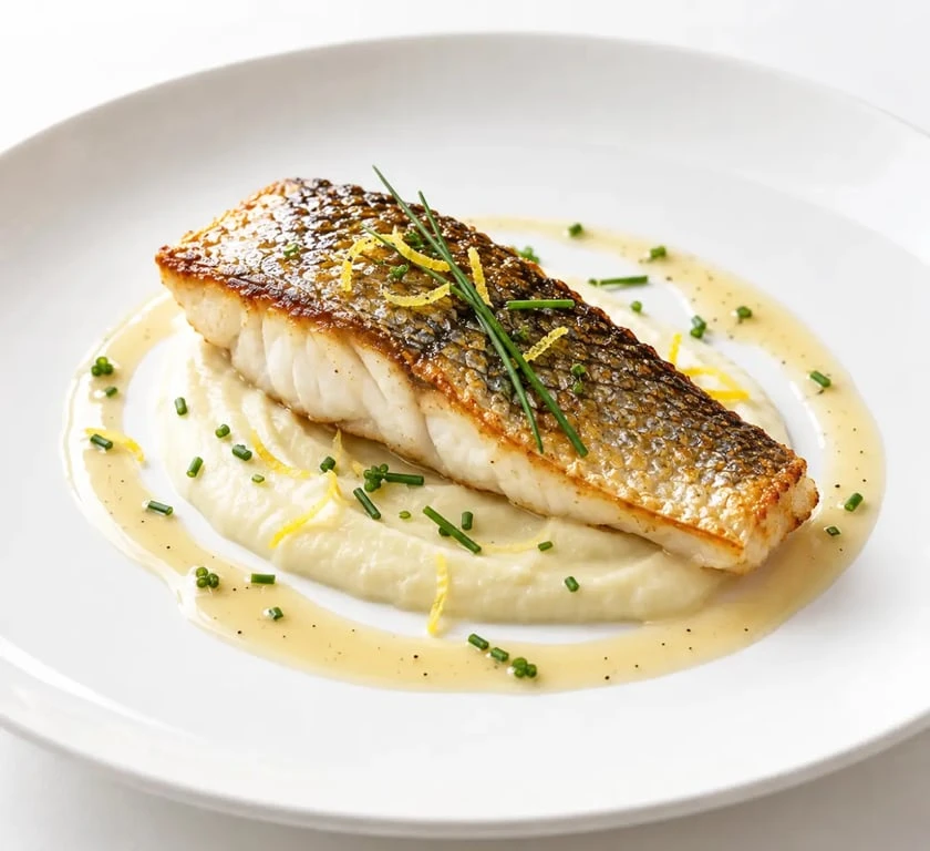 Recette gastronomique poisson : filet de bar rôti, mousseline de céleri et sauce champagne