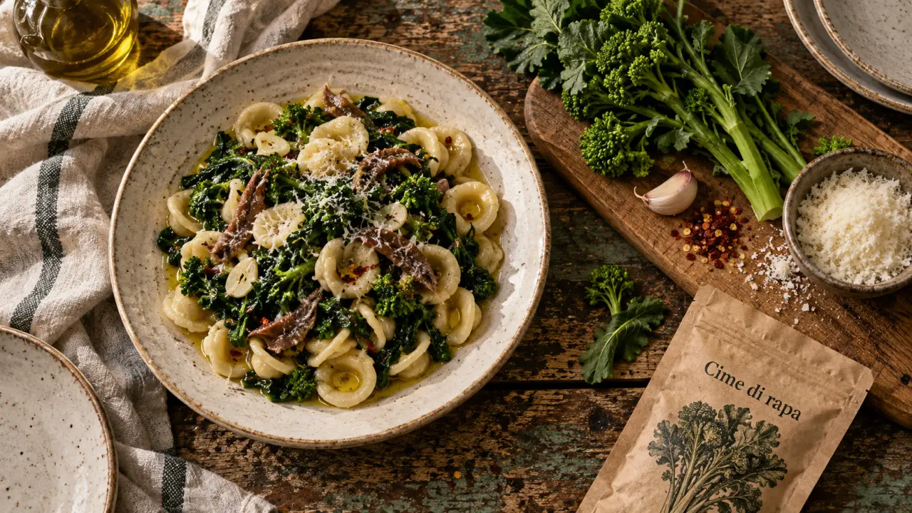 Gastronomie italien : orecchiette aux cime di rapa, ail, anchois et pecorino