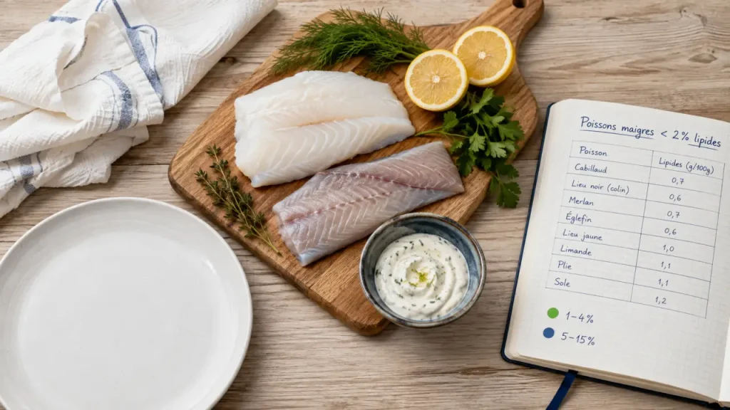 Poissons maigres : la liste claire des espèces, des seuils de lipides et des erreurs à éviter