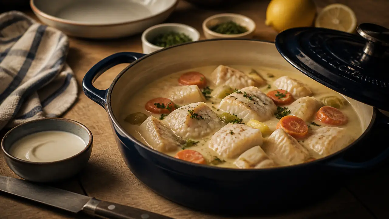 Plat de poisson à préparer à l’avance : blanquette douce de cabillaud réchauffée sans ébullition
