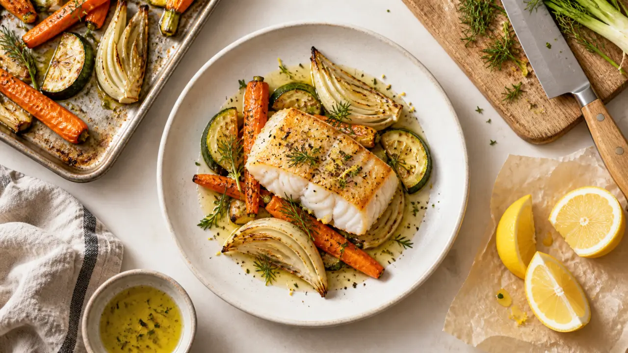 Quel légumes avec du poisson blanc : cabillaud rôti et légumes rôtis au citron