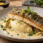 Recette gastronomique poisson : bar rôti et sauce champagne, mousseline de céleri