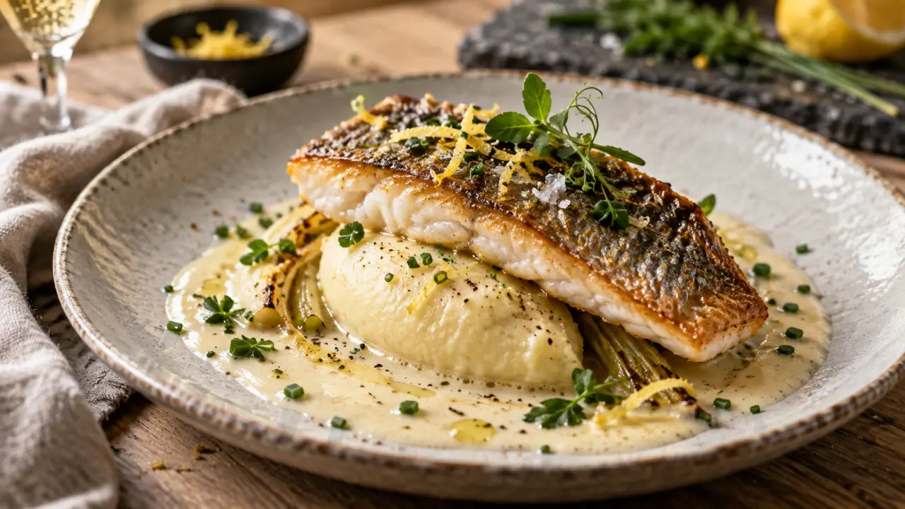 Recette gastronomique poisson : bar rôti et sauce champagne, mousseline de céleri
