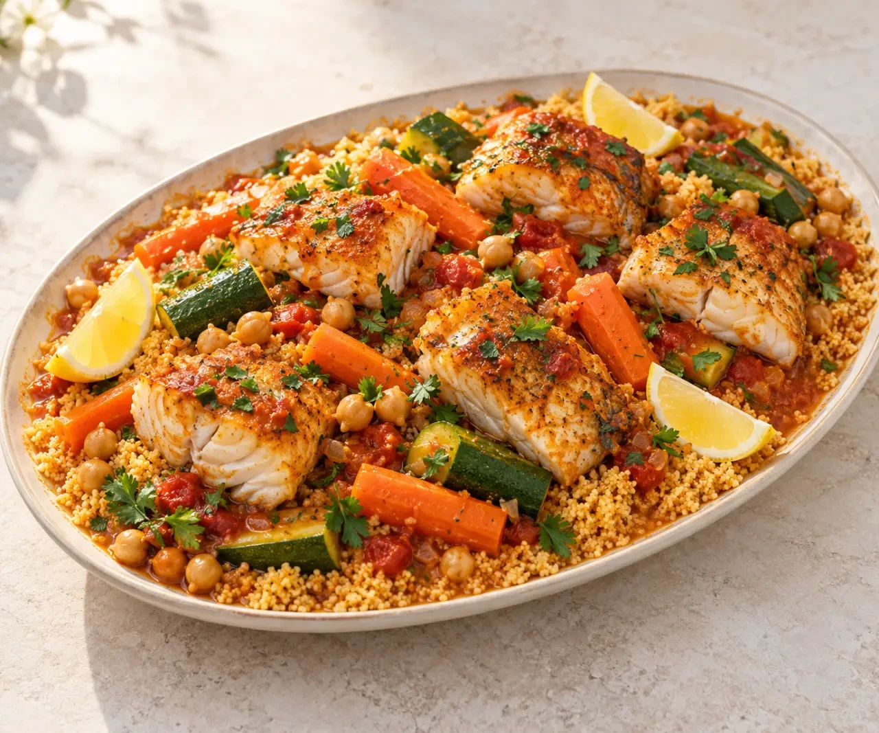 Couscous de poisson tunisien avec légumes, semoule et bouillon tomaté