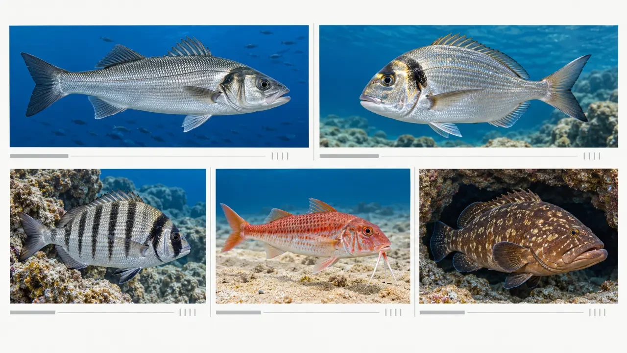 Illustration éditoriale de plusieurs poissons de Méditerranée reconnaissables à leur silhouette et à leurs marques