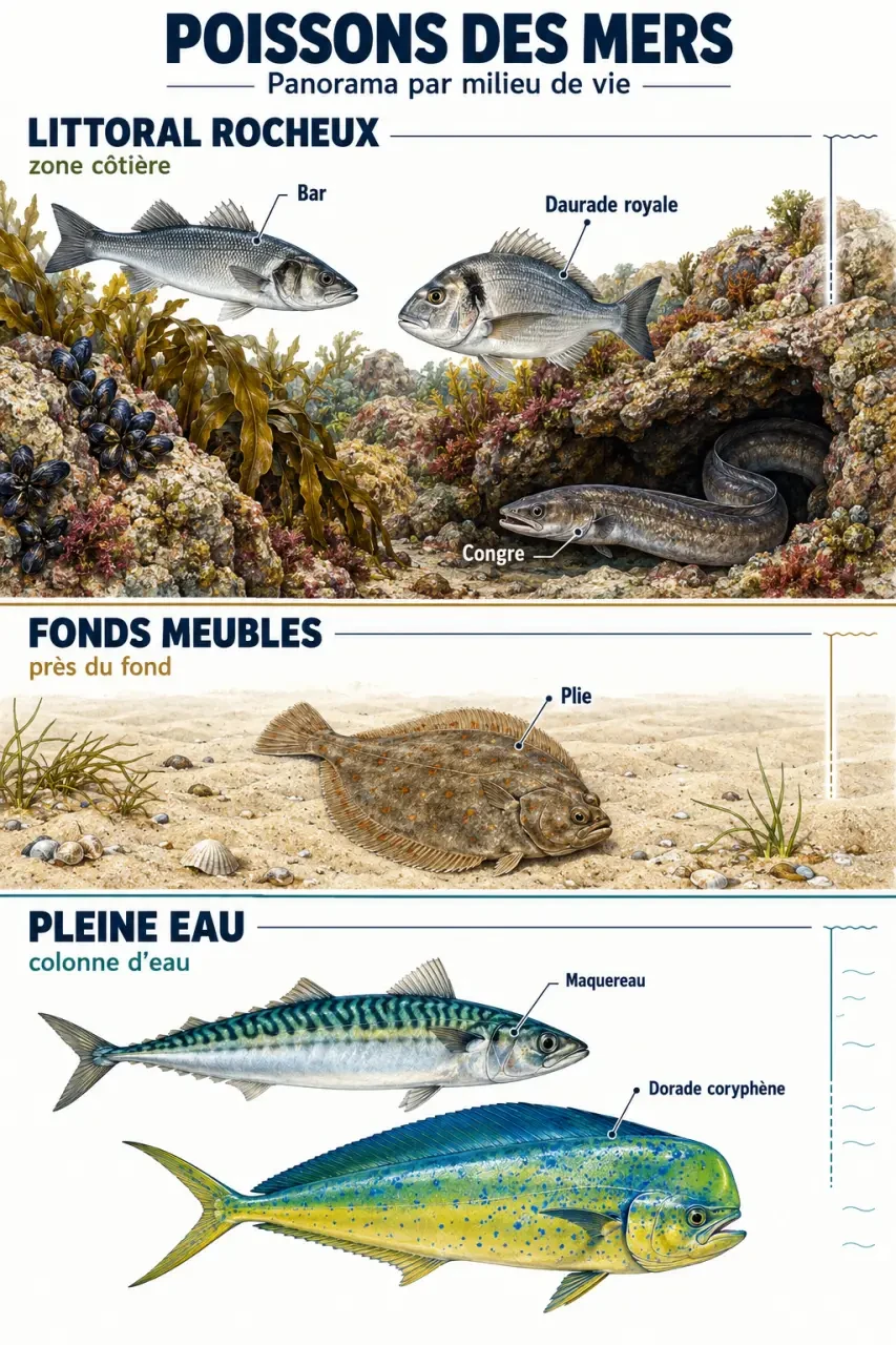Infographie des poissons des mers selon leur habitat, du littoral aux eaux du large