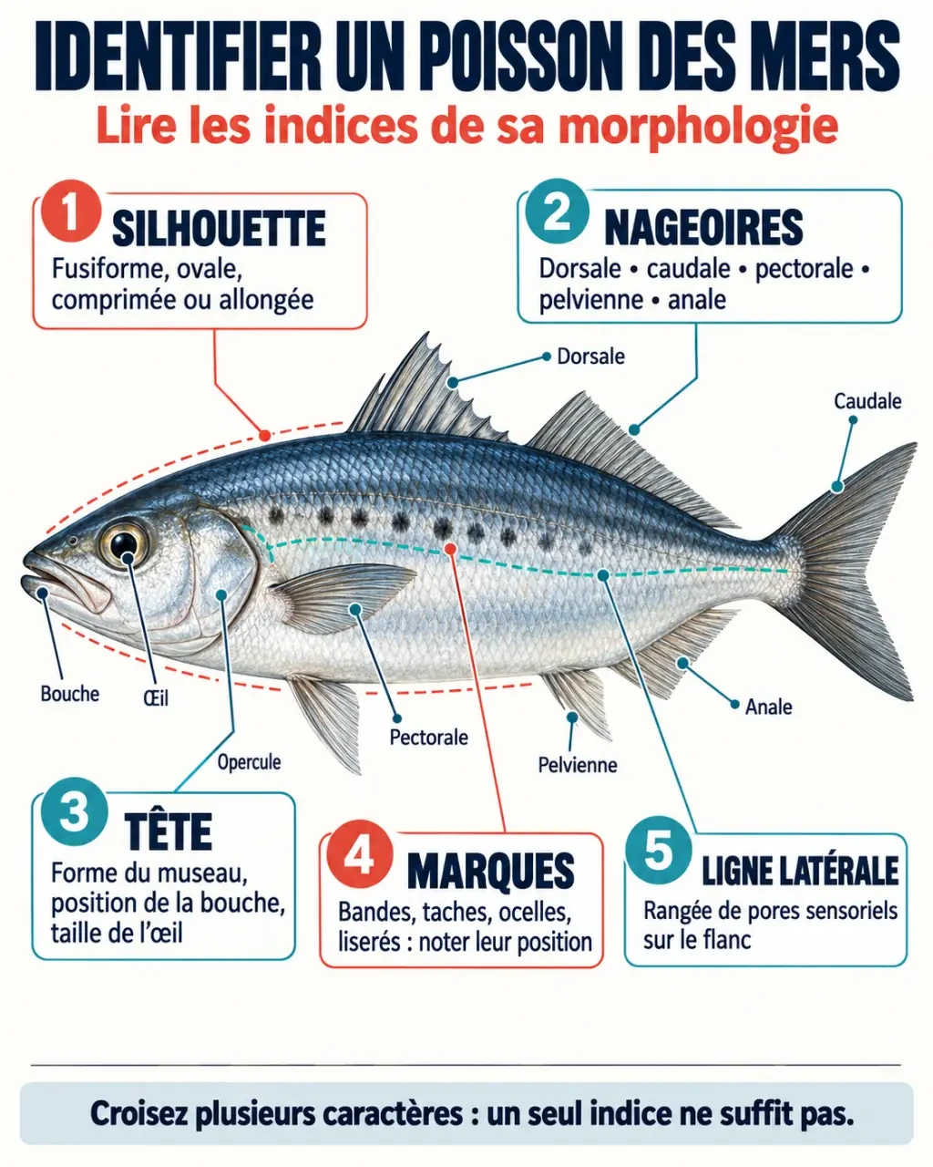 Schéma des critères pour identifier un poisson des mers, avec la ligne latérale et les nageoires