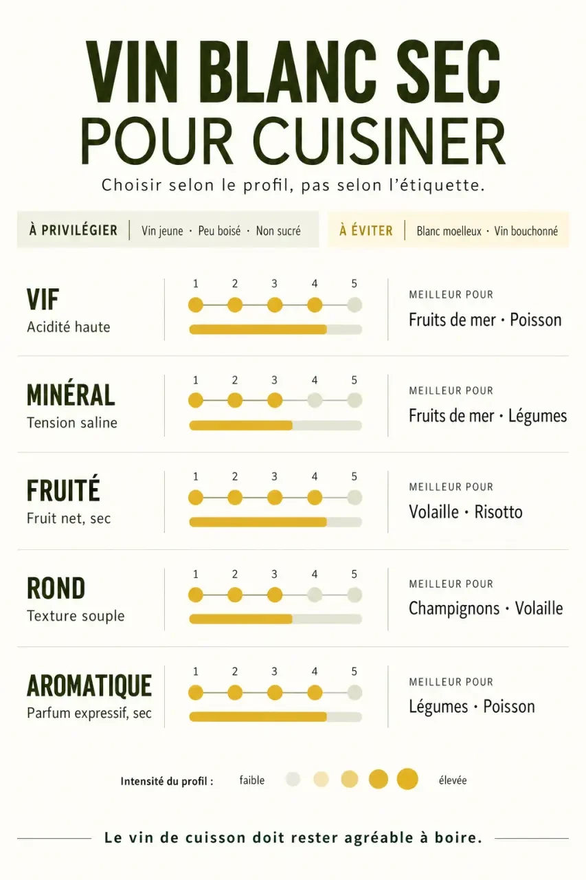 Infographie sur le vin blanc sec pour cuisiner selon les cépages et les plats