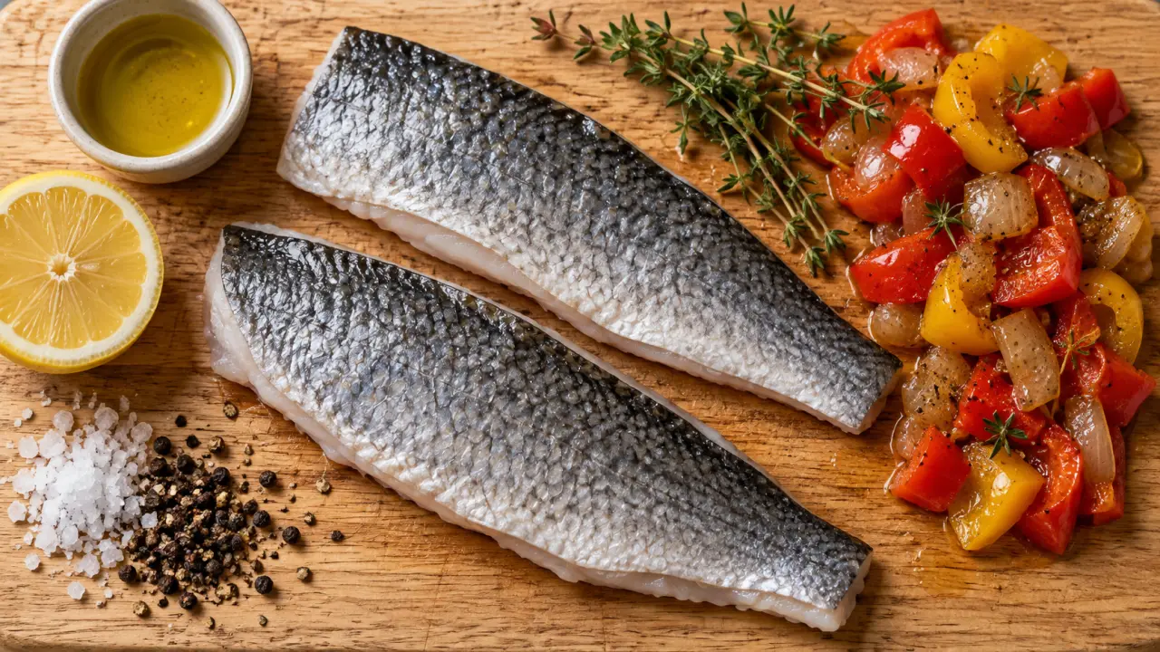 Filet de muge côté peau sur planche en chêne, poivronnade et huile d’olive