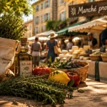 Marche provencale : cabas de produits frais et herbes au marché