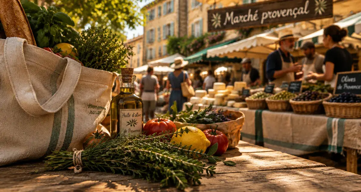 Marche provencale : cabas de produits frais et herbes au marché