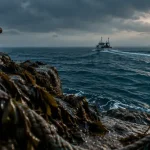 Mer en mediterranee : quai rocheux, algues et filets fantômes