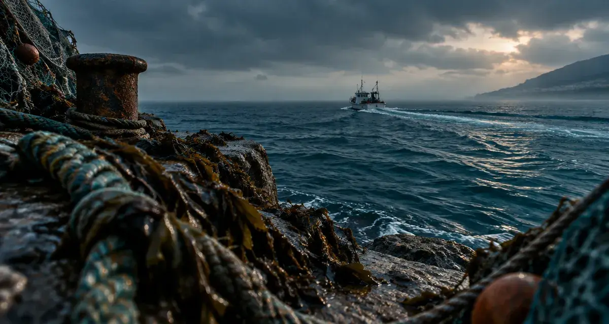 Mer en mediterranee : quai rocheux, algues et filets fantômes