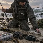 Pêche en mer : pêcheur de loisir au bord d’une digue avec canne à leurres