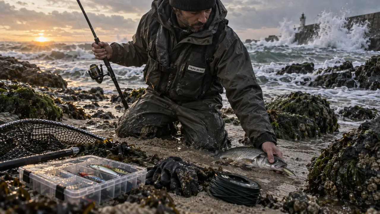 Pêche en mer : pêcheur de loisir au bord d’une digue avec canne à leurres