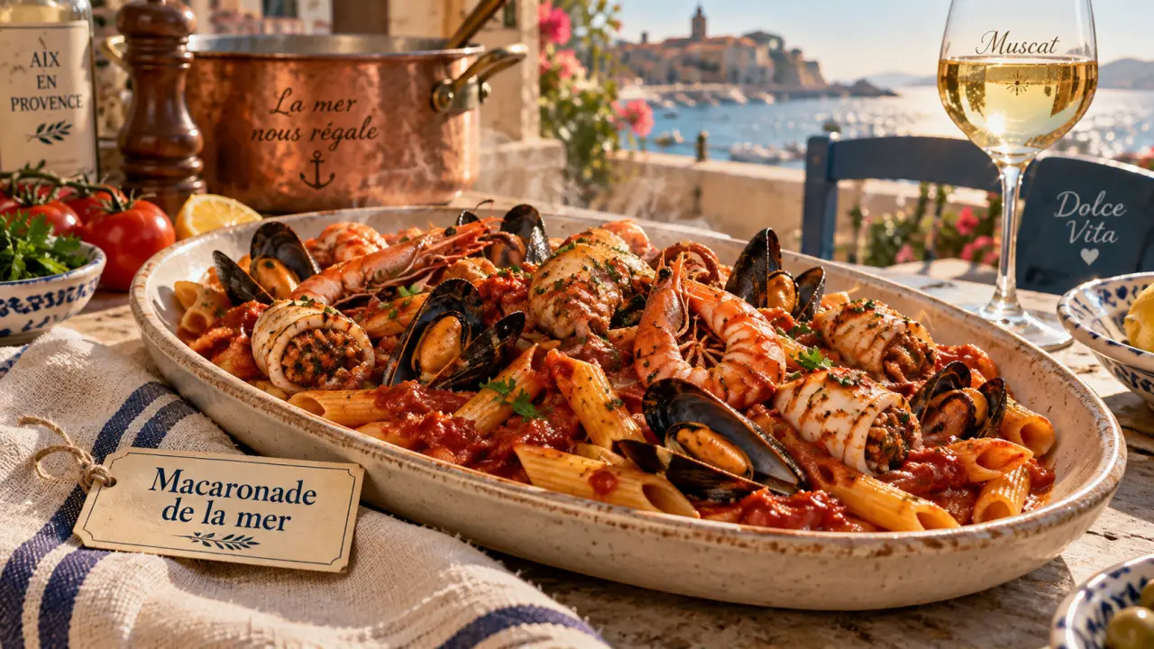 Recette macaronade de la mer : encornets tendres, sauce tomate et penne, cuisson longue