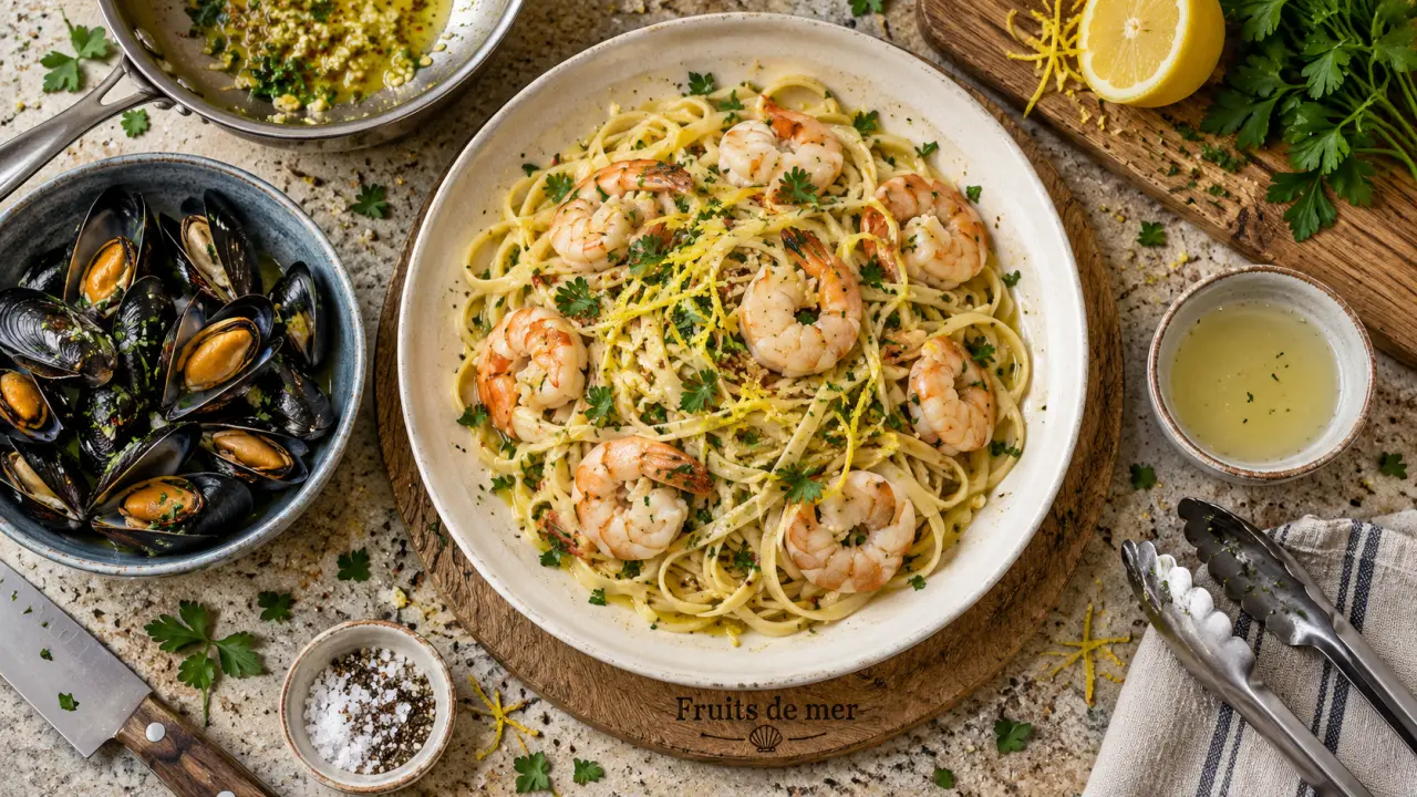 Recettes de fruits de mer : pâtes aux crevettes ail-citron