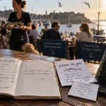Ristorante di pesce : carte du jour et poisson du jour au port, vue mer floue