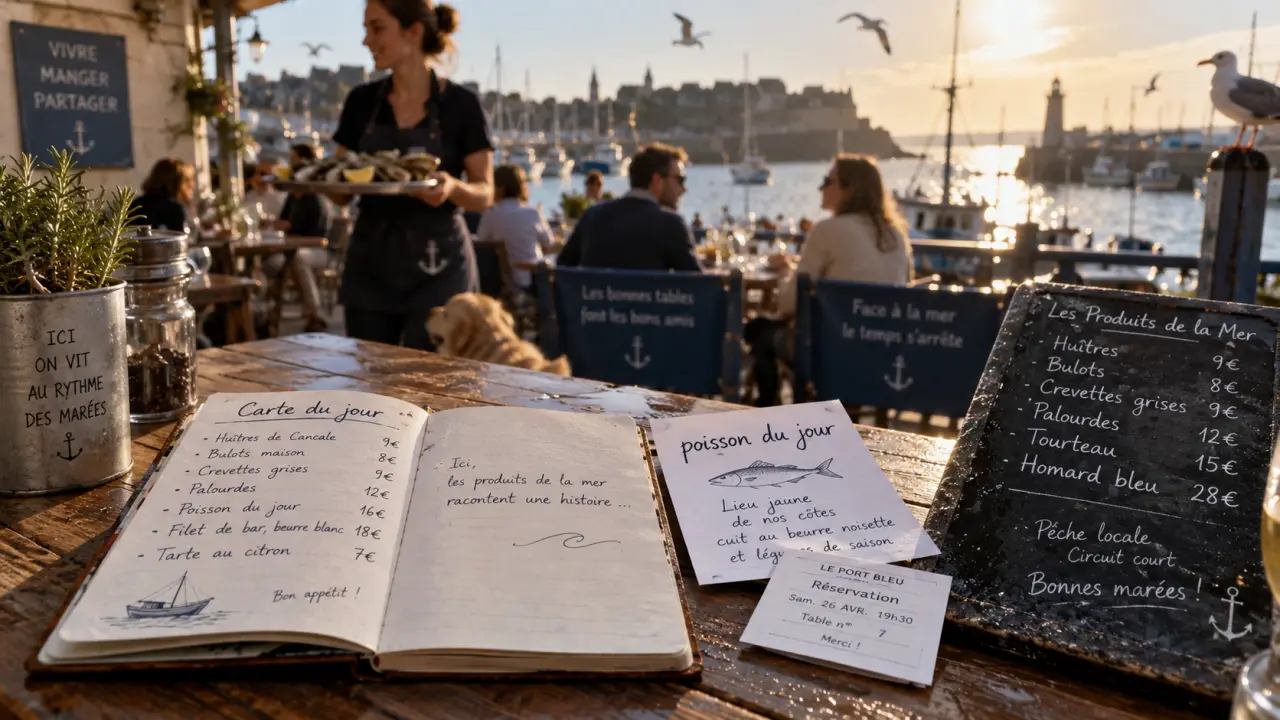 Ristorante di pesce : carte du jour et poisson du jour au port, vue mer floue
