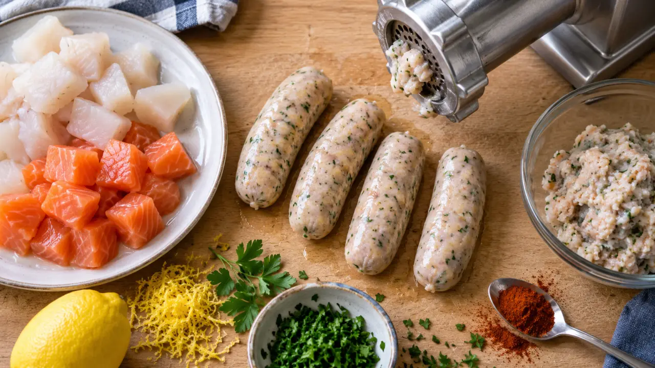 Saucisse de poisson crue au barbecue, préparation rapide 5-6 minutes