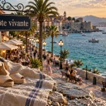 Promenade maritime d’une ville au bord de la mer méditerranée, port et eau turquoise sur la Côte d’Azur