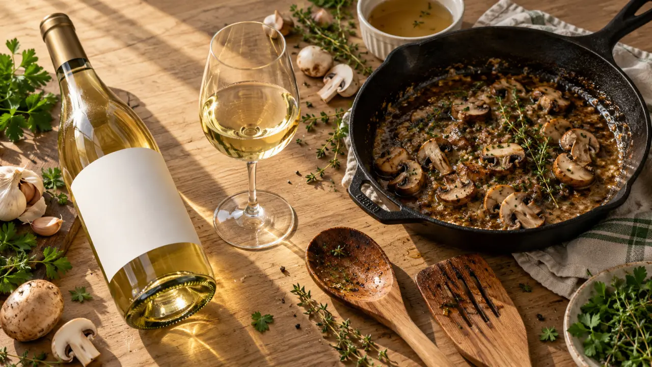 Vin blanc sec pour cuisiner : bouteille et poêle pour sauce